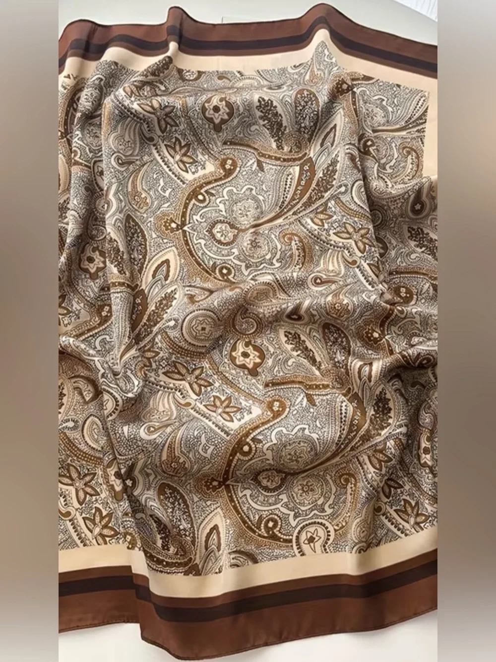 Classic Paisley Silk-Feel Scarf in Coffee and Cream 27.5”